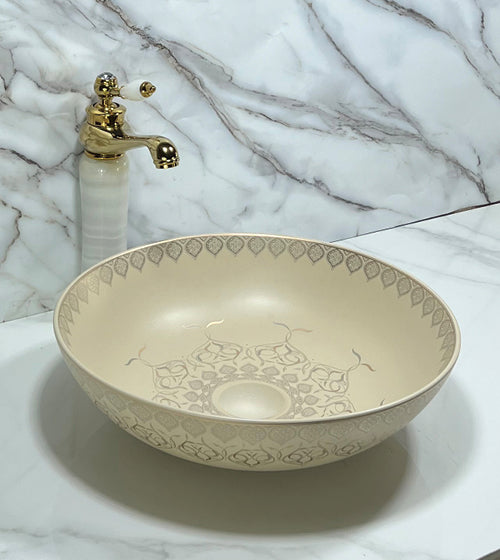 TABLE MOUNTED CERAMIC ART WASH BASIN - AQUANT -  ( BEIGE CARAMEL - ARABIAN - 405x125 mm - 16.2inchX5inch )
