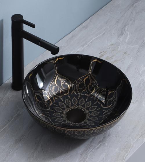 TABLE MOUNTED CERAMIC ART WASH BASIN - AQUANT -  ( GLOSSY BLACK - ARABIAN - 405x125 mm - 16.2inchX5inch )