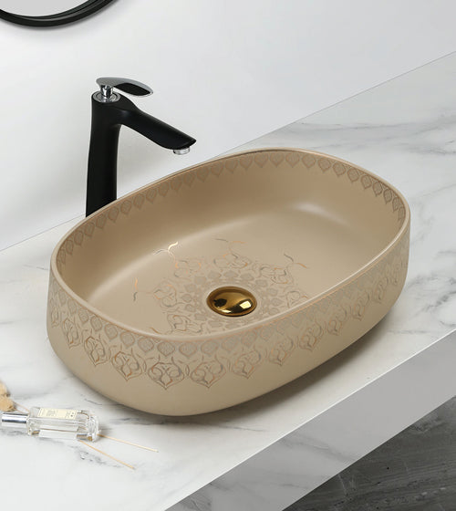 TABLE MOUNTED CERAMIC ART WASH BASIN - AQUANT -  ( BEIGE CARAMEL - ARABIAN - 540x350x145 mm - 21.6inchX14inchX5.8inch )