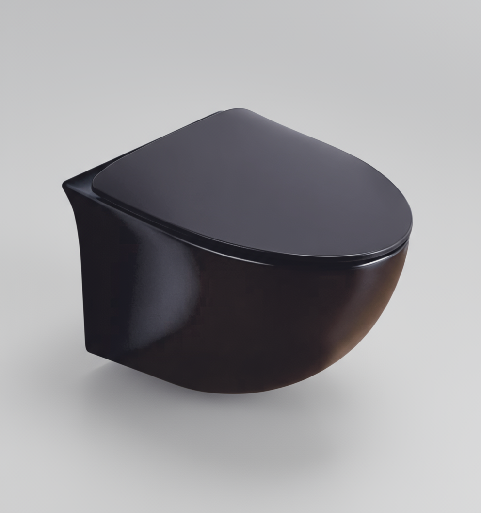 RIMLESS WALL HUNG WC WITH UF SOFT CLOSE SLIM SEAT COVER, HINGES, ACCESSORIES SET ( BOLT DISTANCE 7INCH) - LUXELET - ( BLACK - SPECTRE COLLECTION - 520x370x360 mm - 20.8inchX14.8inchX14.4inch )