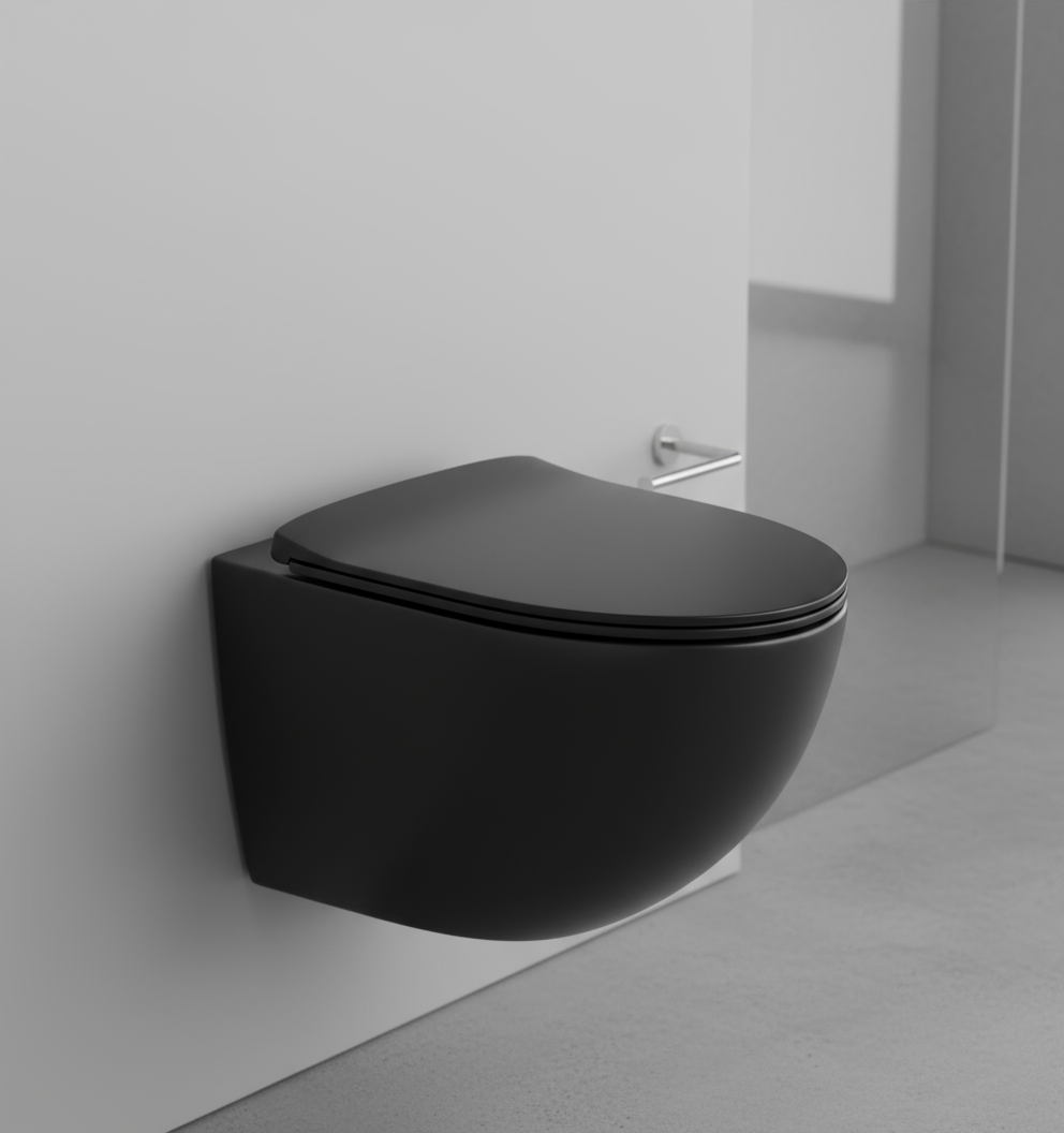 RIMLESS WALL HUNG WC WITH UF SOFT CLOSE SLIM SEAT COVER, HINGES, ACCESSORIES SET ( BOLT DISTANCE 7INCH) - LUXELET - ( GREY - SPECTRE COLLECTION - 520x370x360 mm - 20.8inchX14.8inchX14.4inch )