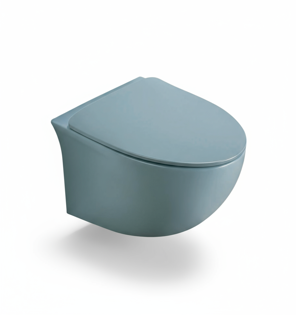 RIMLESS WALL HUNG WC WITH UF SOFT CLOSE SLIM SEAT COVER, HINGES, ACCESSORIES SET ( BOLT DISTANCE 7INCH) - LUXELET - ( FOREST GREEN - SPECTRE COLLECTION - 520x370x360 mm - 20.8inchX14.8inchX14.4inch )