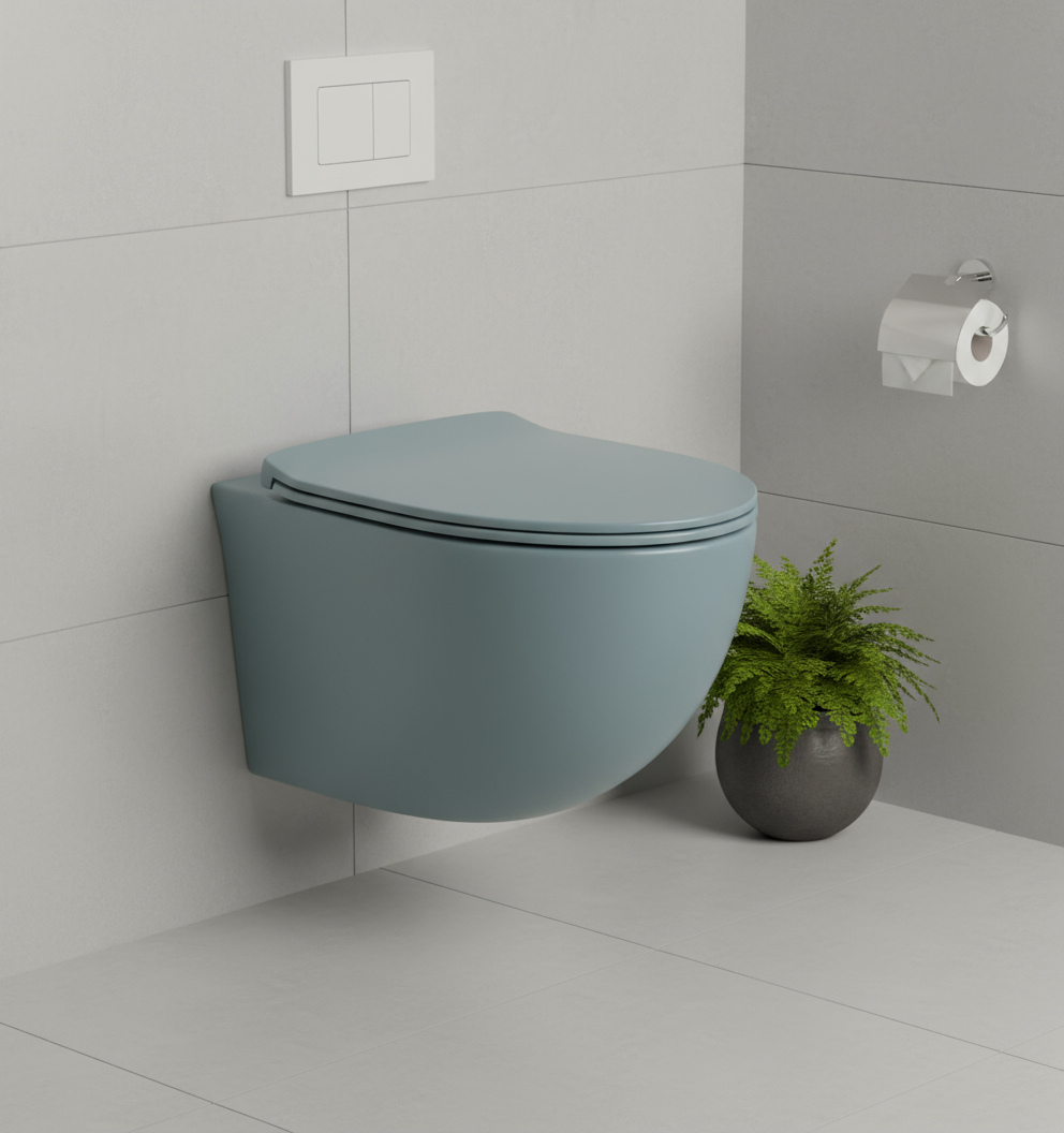 RIMLESS WALL HUNG WC WITH UF SOFT CLOSE SLIM SEAT COVER, HINGES, ACCESSORIES SET ( BOLT DISTANCE 7INCH) - LUXELET - ( FOREST GREEN - SPECTRE COLLECTION - 520x370x360 mm - 20.8inchX14.8inchX14.4inch )