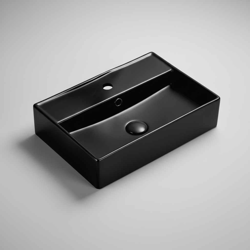TABLE TOP WASH BASIN WITH TAP HOLE AND OVERFLOW, WITHOUT WASTE COUPLING - LUXELET - ( BLACK - NEOTRA COLLECTION - 500x350x120 mm - 20inchX14inchX4.8inch )