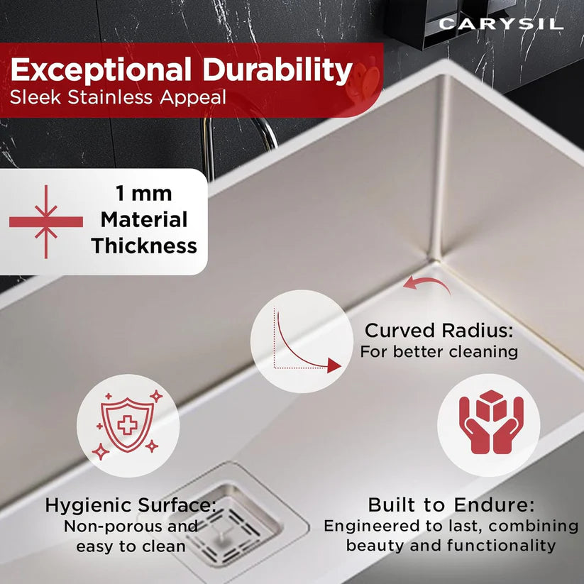 1 BOWL W/O DRAIN BOARD (DEPTH 9INCH) THK 1MM - CARYSIL - (MATT - MICRO RADIUS R10 - 680x430 mm - 26.7inchX16.9inch)
