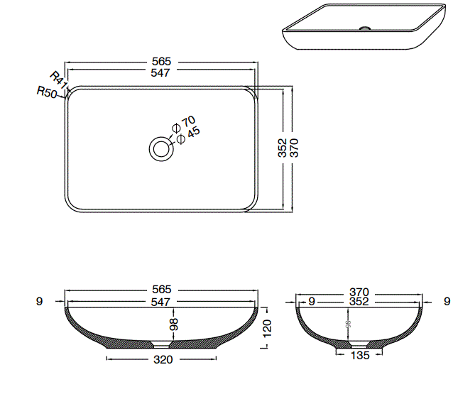 CONCRETE TABLE MOUNTED WASH BASIN WITH POP UP WASTE COUPLING - AQUANT -  ( MATT GREY -  - 565x370x120 mm - 22.6inchX14.8inchX4.8inch )