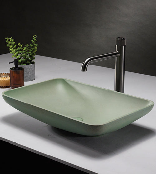 CONCRETE TABLE MOUNTED WASH BASIN WITH POP UP WASTE COUPLING - AQUANT - ( OLIVE GREEN - - 565x370x120 mm - 22.6inchX14.8inchX4.8inch )