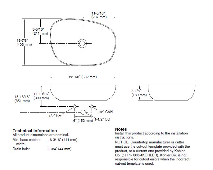 KANKARA-COUNTER TOP W/BASIN W/O FAU HOLE - KOHLER PREMIUM - ( WHITE - PREMIUM - 568x438 mm - 23inchX18inch )