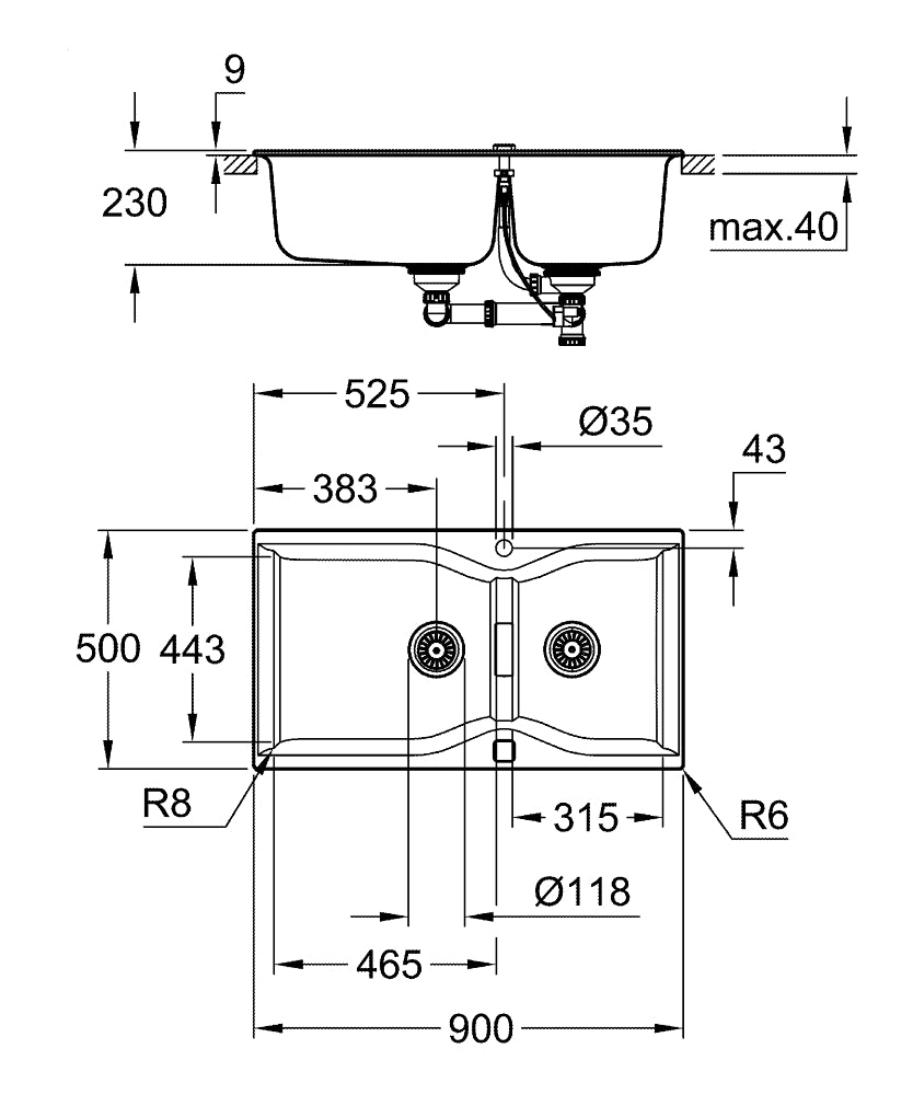 K700 SINK 100 -C 90/50 2.0 REV - GROHE-G2 - ( GRANITE BLACK - K700 - 900x500 mm - 36inchX20inch )