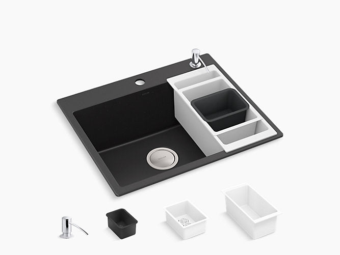 LADENA TM QUARTZ SINK SINGLE BOWL W/O DRAIN BOARD, STRAINER, NESTING COLANDER SET, SOAKING BASKET, SOAP DISPENSER & DRAIN PIPE (DEPTH 9.3INCH)- KOHLER LUXURY - ( FLAKE BLACK - LUXURY - 600x500 mm - 24inchX20inch )