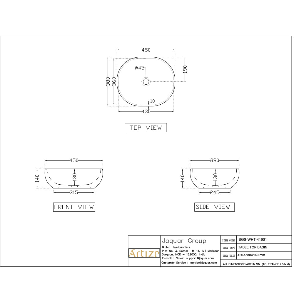 THIN RIM TABLE TOP WASH BASIN - ARTIZE SWARE - ( BLACK - SIGNAC - 450x380 mm - 18inchX15.2inch )