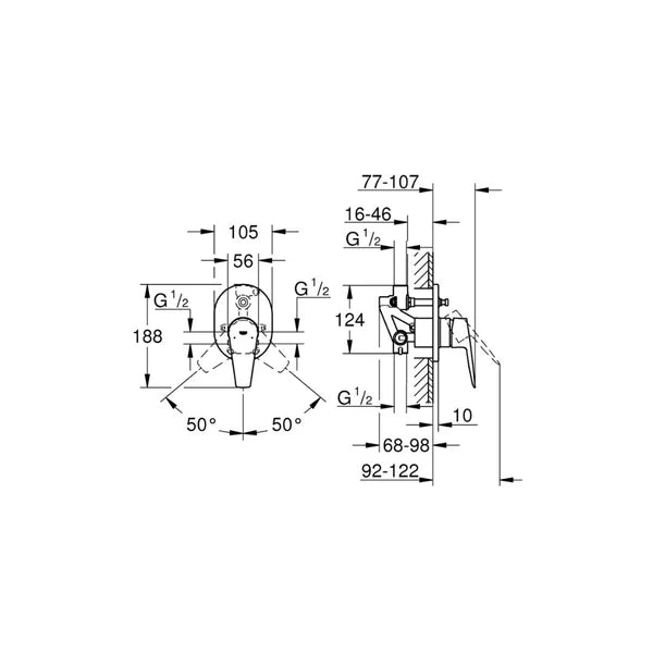 BAUEDGE SINGLE-LEVER HANDLE BATH MIXER 1/2INCH- GROHE-G2 - ( CHROME - G2 - BAUCOSMOPOLITAN - 0x15 mm - 0inchX0.5inch )