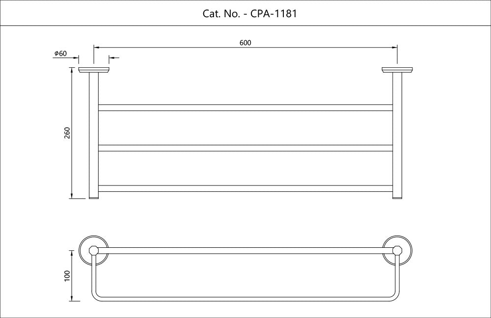 TOWEL RACK 600MM LONG WITH LOWER HANGERS - JAQUAR FAUCETS - ( CHROME - CONTINENTAL PRIME - 0x600 mm - 0inchX24inch )