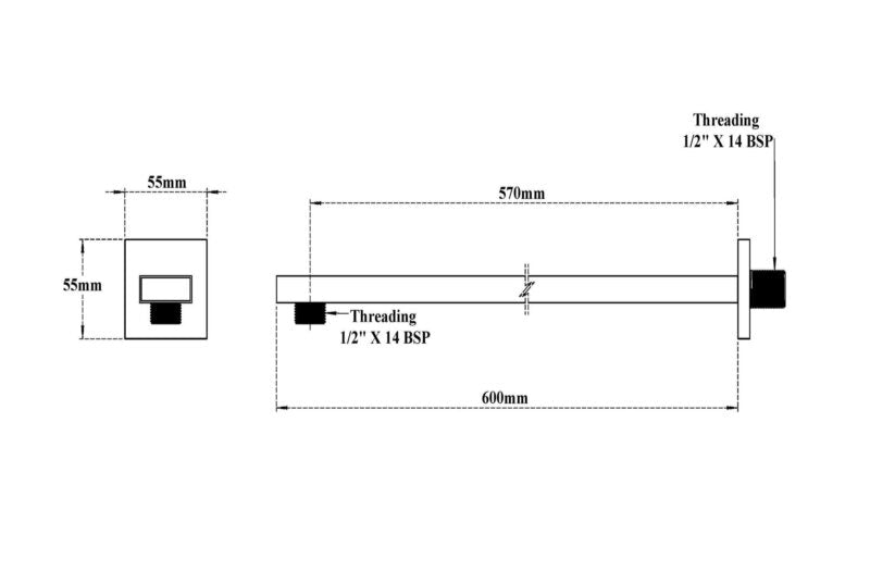 SHOWER ARM RECTANGULAR W/FLANGE - VIKING -  ( POLISHED  CHROME - BRASS - 600x15 mm - 24inchX0.6inch )