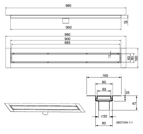 SHOWER CHANNEL DRAINR W/BASE CONTRL UNIT - AQUANT - ( CHROME - INVISIBLE TILE INSRT - 100x900 mm - 4inchX36inch )