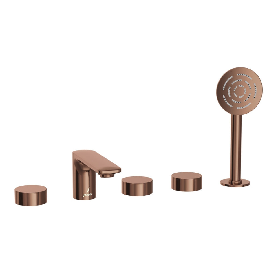 5-HOLE BATH TUB MIXER WITH HOT & COLD CONTROL COCKS SPOUT, DIVERTOR & HAND SHOWER WITH 8MM DIA. & 1.5M FLEXIBLE TUBE - JAQUAR FAUCETS - ( BLUSH GOLD PVD - ALIVE - 0x0 mm - 0inchX0inch )
