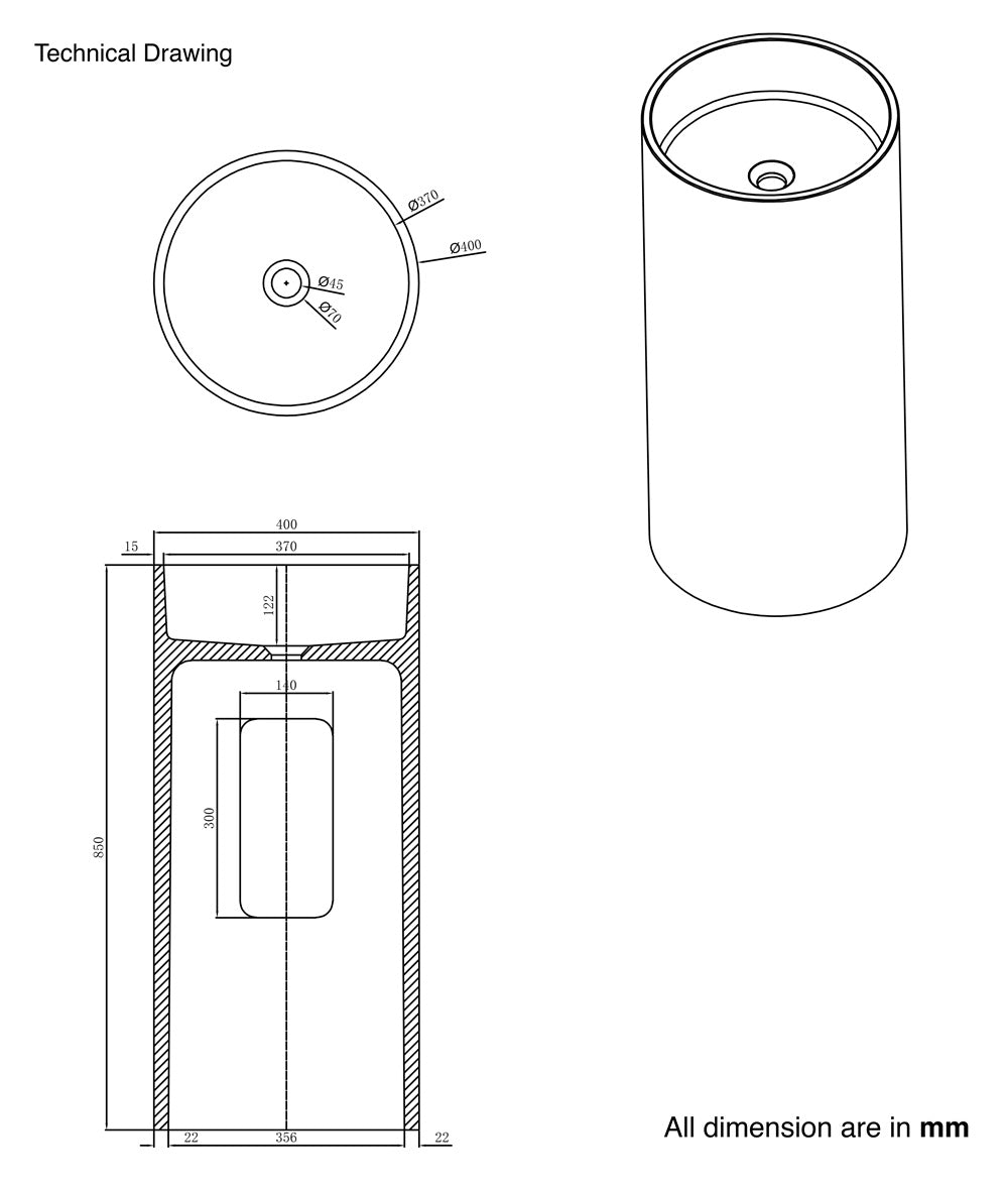 FREE STANDING CONCRETE PEDESTAL W/B W/ROUGH TEXTURE ON THE OUTSIDE INCLUDES POP-UP WASTE COUPLING - AQUANT - ( MATT GREY - CALLISTO - 850x400 mm - 34inchX16inch )