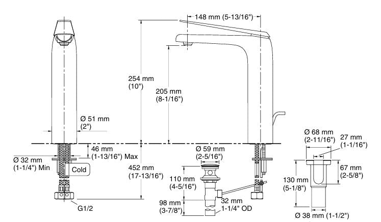 AVID-SL HANDLE TALL BASIN MIXER W/PIPES - KOHLER LUXURY -  ( ROSE GOLD - LUXURY - 0x15 mm - 0inchX0.6inch )