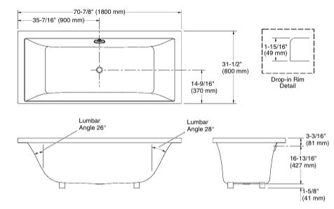 EVOK AC BATH TUB,W/O PILLOW - KOHLER PREMIUM - ( WHITE - PREMIUM - 1800x800 mm - 72inchX32inch )