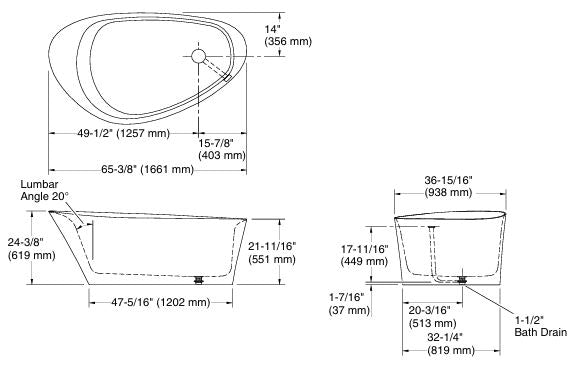 VEIL FREESTANDING BATH WITH CENTER TOE-TAP DRAIN - KOHLER LUXURY - ( WHITE - LUXURY - 1650x925 mm - 66inchX37inch )