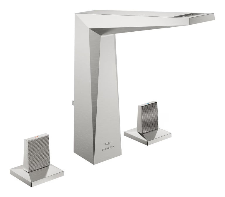 ALLURE BRILLIANT THREE HOLE BASIN MIXER M-SIZE SUPERSTEEL W/KNURLED TRAPEZE HANDLES - GROHE - ( SUPERSTEEL - G5 - ALLURE BRILLIANT PRIVATE - 0x15 mm - 0inchX0.5inch )
