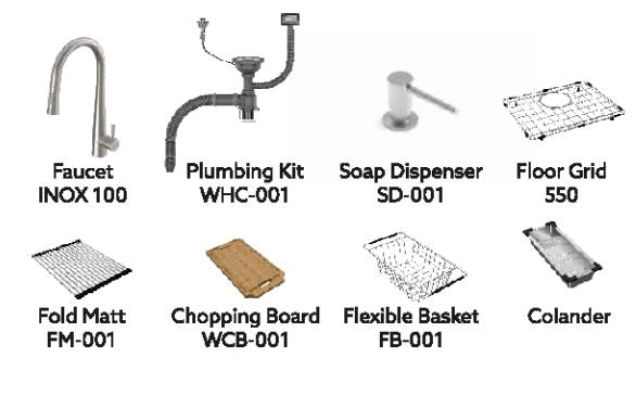 1 BOWL W/O DRAIN BOARD W/INOX 2202 FAUCETS  (DEPTH 8INCH) FULLY LOADED (THK 1MM) - CARYSIL -  ( MATT - WALTZ 610 R10 FULLY LOADED - 610x507 mm - 24inchX20inch )