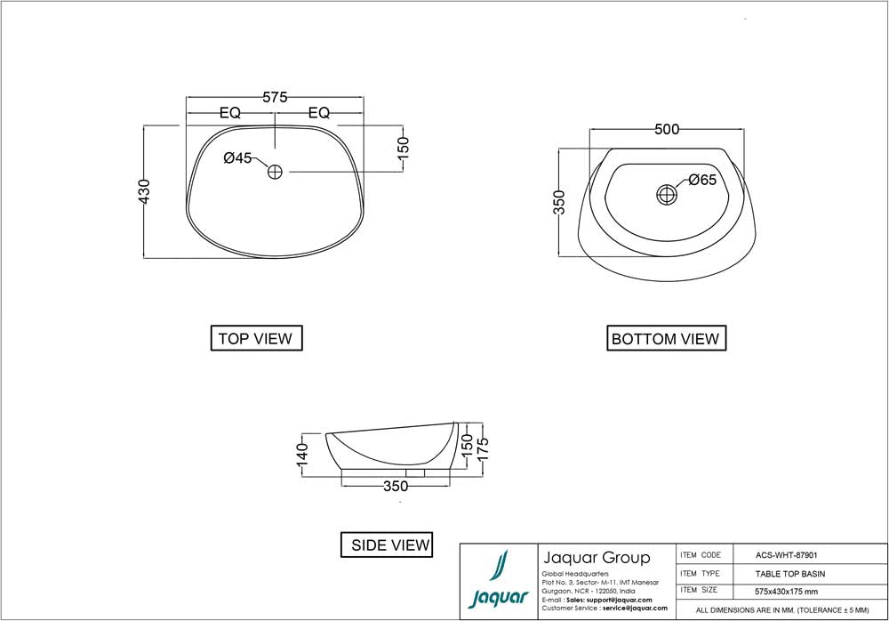 WASH BASIN COUNTER TOP - JAQUAR SWARE - ( WHITE - ARC - 575x430 mm - 23inchX17inch )