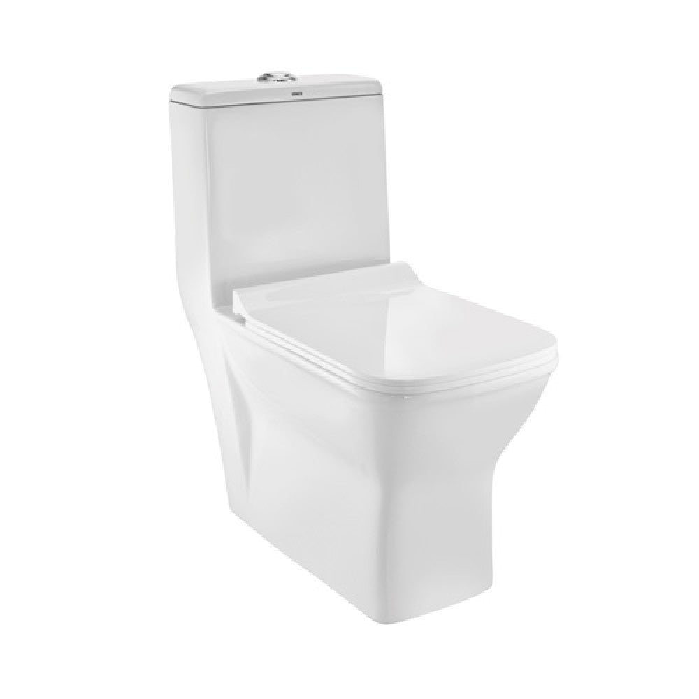 RIMLESS SINGLE PIECE WC S TRAP 220MM WITH PP SOFT CLOSE SLIM SEAT COVER, HINGES, DUAL FLUSH CISTERN, FIXING ACCESSORIES SET - ESSCO SWARE - ( WHITE - ASPIRE - 665x355 mm - 26.6inchX14.2inch )