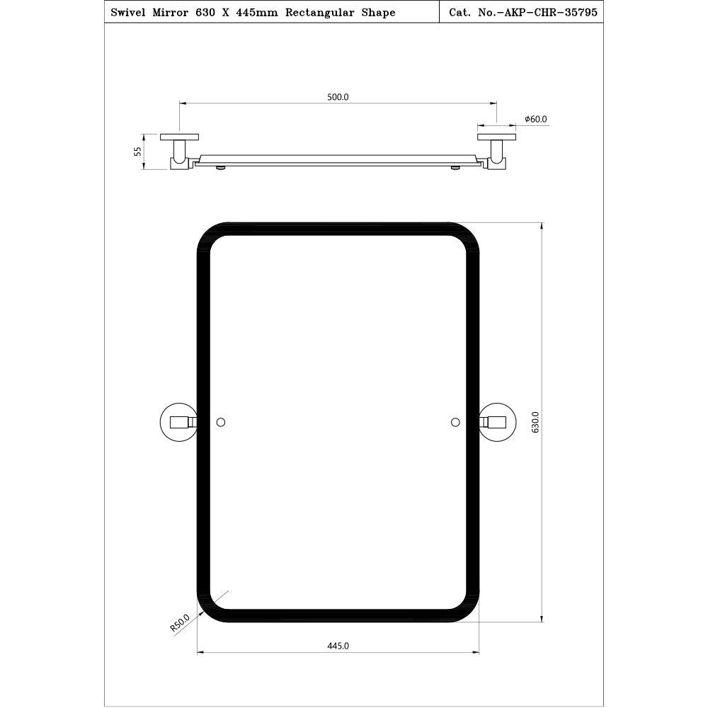 SWIVEL MIRROR RECTANGULAR SHAPE - JAQUAR FAUCETS - ( CHROME - ACC. KUBIX PRIME - 630x445 mm - 25.2inchX17.8inch )