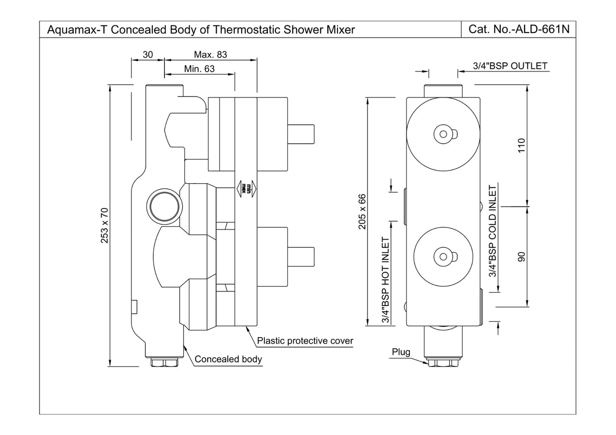 AQUAMAX CONCEALED BODY OF THERMOSTATIC SHOWER MIXER WITH 1-WAY DIVERTER W/O EXPOSED PARTS & SLEEVE - JAQUAR FAUCETS -  ( CHROME - ALLIED - 0x20 mm - 0inchX0.75inch )
