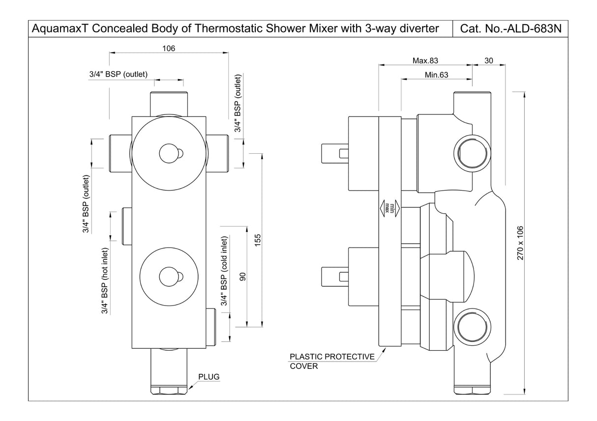 AQUAMAX CONCEALED BODY OF THERMOSTATIC SHOWER MIXER WITH 3-WAY DIVERTER, WITHOUT EXPOSED PARTS & SLEEVE  - JAQUAR FAUCETS -  ( CHROME - ALLIED - 0x20 mm - 0inchX0.75inch )