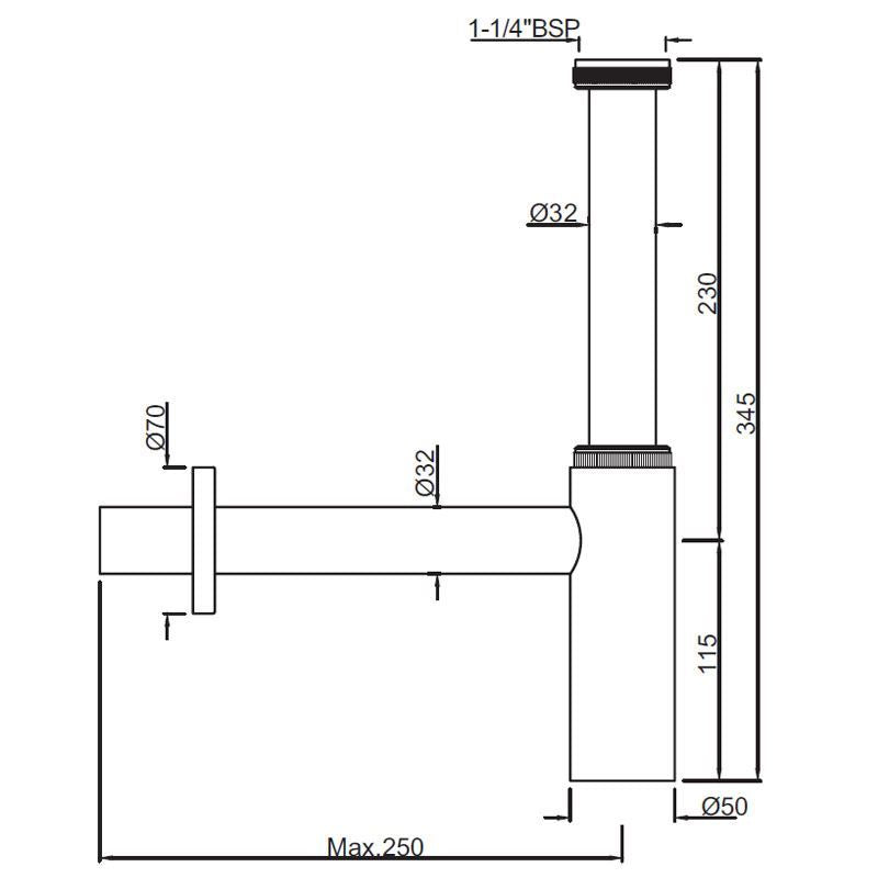 BOTTLE TRAP WITH 10 & 7.5 INCH PIPE - JAQUAR FAUCETS - ( GOLD BRIGHT PVD - ALLIED - 0x32 mm - 0inchX1.28inch )