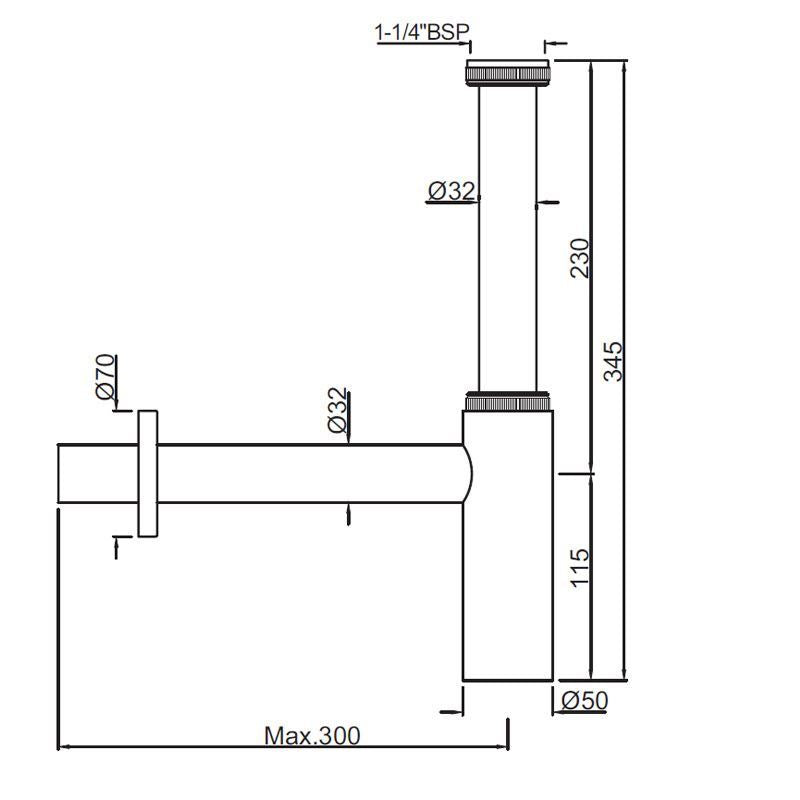 BOTTLE TRAP(W/INTERNAL PARTITION)32MM W/WALL FLANGE - JAQUAR FAUCETS - ( GOLD MATT PVD - ALLIED - 300x32 mm - 12inchX1.25inch )