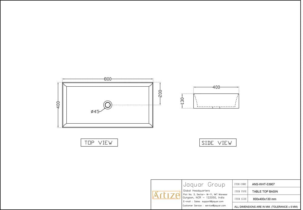 TABLE TOP WASH BASIN - ARTIZE SWARE -  ( WHITE - ANGELO - 800x400 mm - 32inchX16inch )