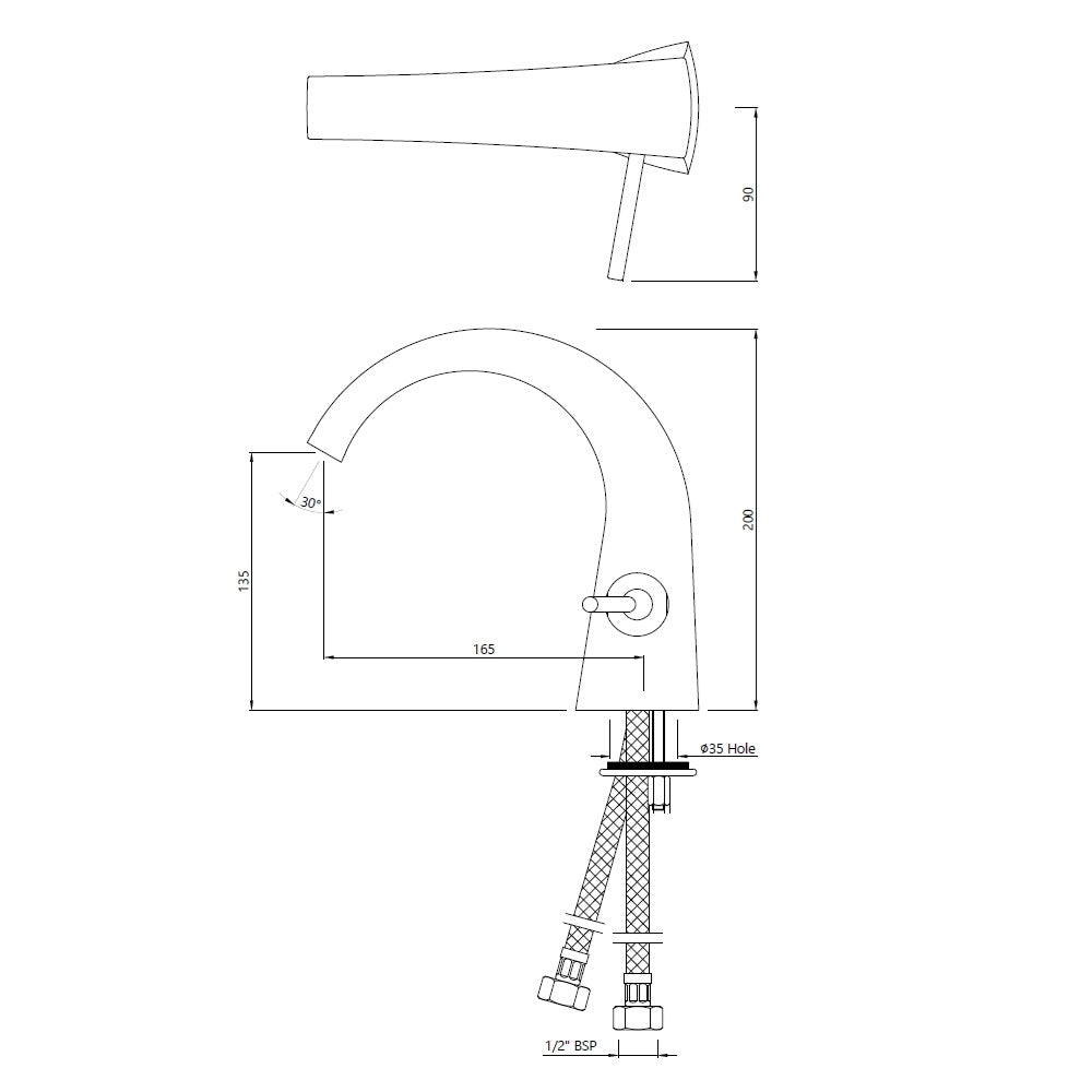 S.L. B/MIXER W/O POP UP & BRAIDED PIPE - JAQUAR FAUCETS - ( BLACK MATT - ARC - 0x15 mm - 0inchX0.5inch )