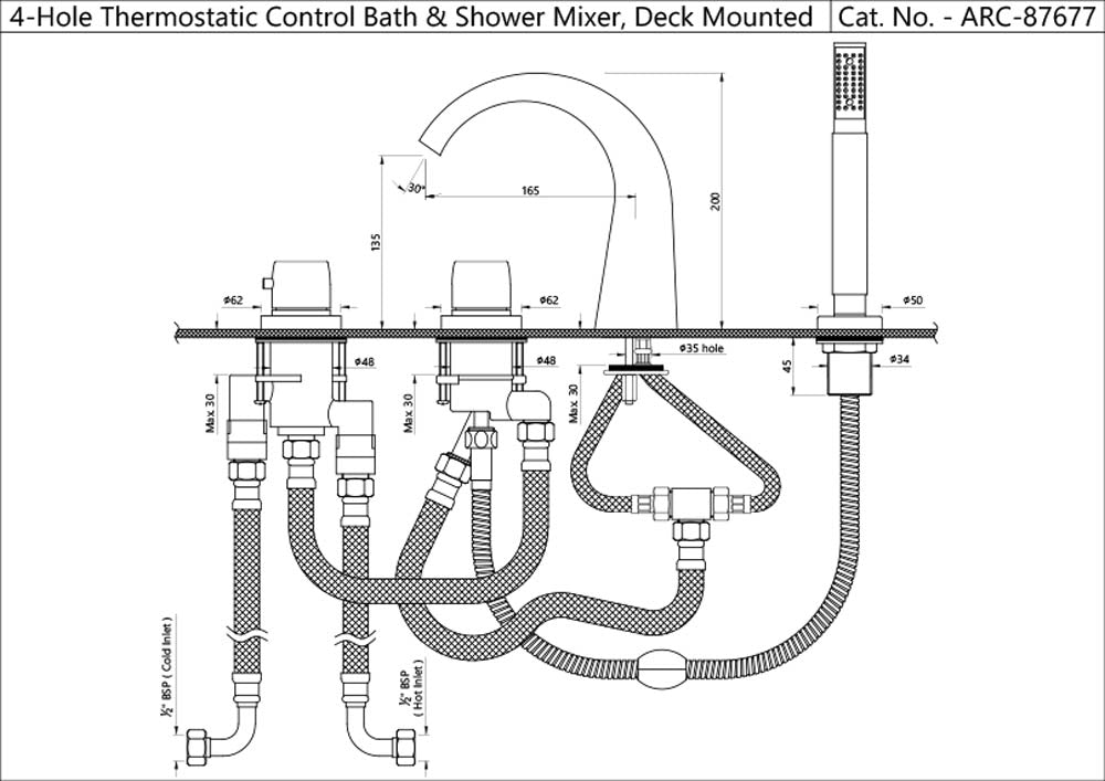 4-HOLE THERMOSTATIC BATH & SHOWER MIXER,DECK MOUNTED - JAQUAR FAUCETS -  ( CHROME - ARC - 0x15 mm - 0inchX0.5inch )