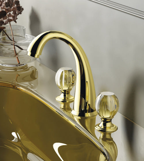 PRESTIGE COLLECTION 3/HOLE BRASS TABLE MOUNTED BASIN MIXER W/AMBER GOLD HANDLES - AQUANT -  ( GLOSSY GOLD - PRESTIGE SERIES - 0x0 mm - 0inchx0inch )