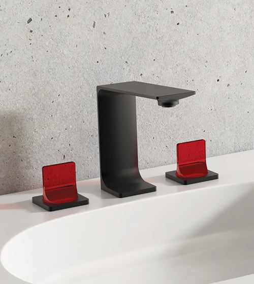 PRESTIGE COLLECTION 3/HOLE BRASS TABLE MOUNTED BASIN MIXER W/RUBY RED HANDLES - AQUANT - ( MATT BLACK - PRESTIGE SERIES - 0x0 mm - 0inchX0inch )