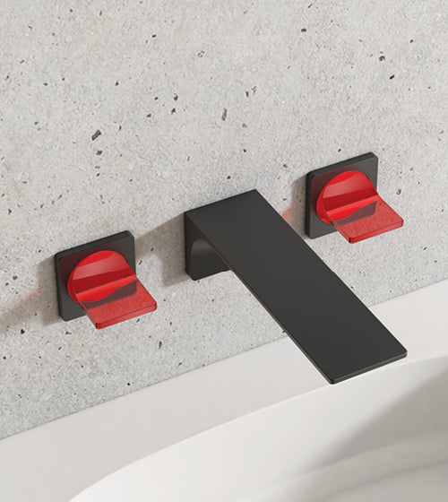 PRESTIGE COLLECTION 3/HOLE BRASS WALL MOUNTED BASIN MIXER W/RUBY RED HANDLES - AQUANT - ( MATT BLACK - PRESTIGE SERIES - 0x0 mm - 0inchX0inch )