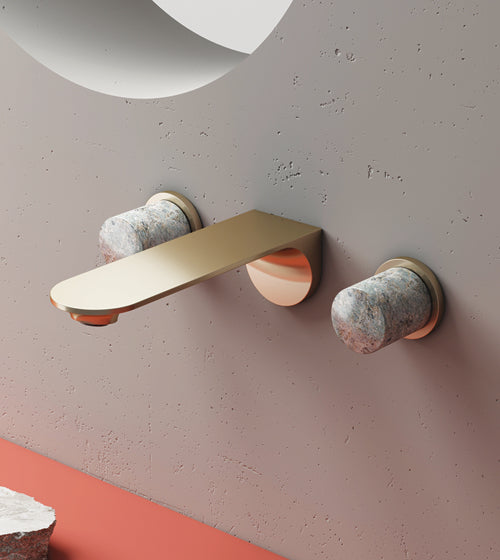 PRESTIGE COLLECTION 3/HOLE BRASS WALL MOUNTED BASIN MIXER W/STATUARIO MARBLE HANDLES - AQUANT - ( BRUSHED GOLD - PRESTIGE SERIES - 0x0 mm - 0inchx0inch )