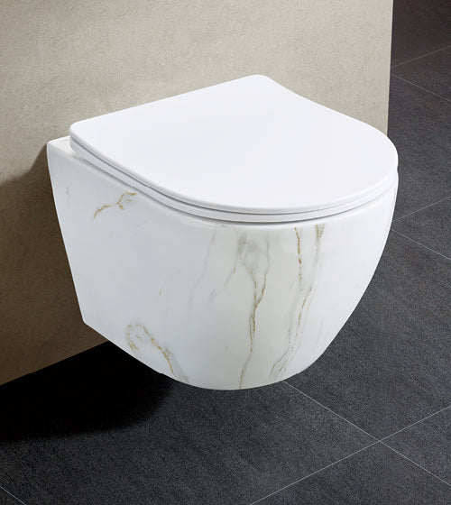 RIMLESS W/HUNG WC W/SLIM UF SEAT COVER ( BOLT DISTANCE 7INCH) - AQUANT - ( STATUARIO GLOSSY FINISH - MARBLE - 490x370 mm - 19.6inchX14.8inch )
