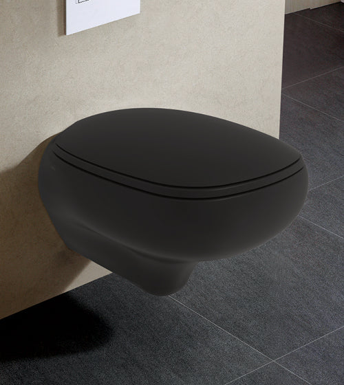 RIMLESS WALL HUNG WC WITH SOFT CLOSE UF SLIM SEAT COVER - AQUANT - ( MATT BLACK - - 530x405x400 mm - 21.2inchX16.2inchX16inch )