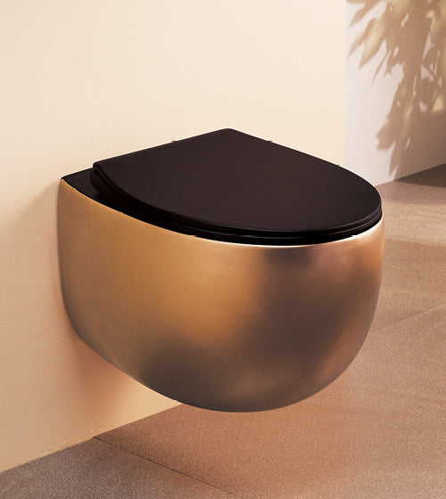 RIMLESS WALL HUNG WC WITH SLIM UF SEAT COVER OVAL EGG SHAPE - AQUANT - ( BRUSHED ROSE GOLD + MATT BLACK - - 500x370x360 mm - 20inchX14.8inchX14.4inch )