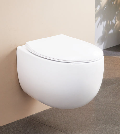 RIMLESS WALL HUNG WC WITH SLIM UF SEAT COVER OVAL EGG SHAPE - AQUANT - ( WHITE - - 500x370x360 mm - 20inchX14.8inchX14.4inch )