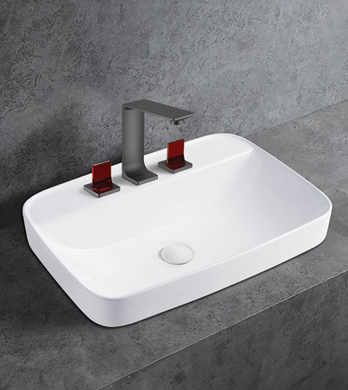 THREE HOLE SEMI COUNTER WASH BASIN - AQUANT - ( WHITE - - 610x410x175 mm - 24.4inchX16.4inchX7inch )