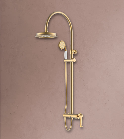 OPEN MIXER SHOWER SET W/BRASS RAIN SHOWER SIZE 200 MM W/HAND SHOWER WITH 1.5 MTR FLEXIBLE HOSE W/HIDDEN IN BUILT SPOUT - AQUANT - ( BRUSHED GOLD - HERITAGE SERIES - 1500x1200 mm - 60inchX48inch )