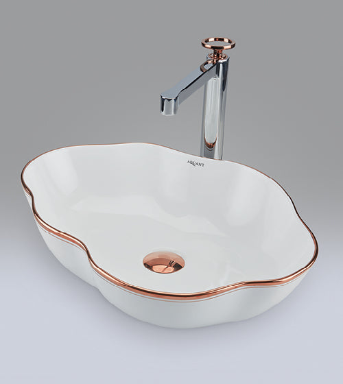 WASH BASIN MATT WHITE W/DOUBLE RGTRIM - AQUANT - ( ROSE GOLD+MATT WHITE - - 500x380 mm - 20inchX15.2inch )