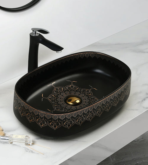 TABLE MOUNTED CERAMIC ART WASH BASIN - AQUANT - ( MATT BLACK - ARABIAN - 540x350x145 mm - 21.6inchX14inchX5.8inch )