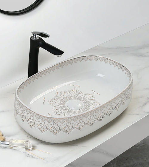 TABLE MOUNTED CERAMIC ART WASH BASIN - AQUANT - ( WHITE - ARABIAN - 540x350x145 mm - 21.6inchX14inchX5.8inch )