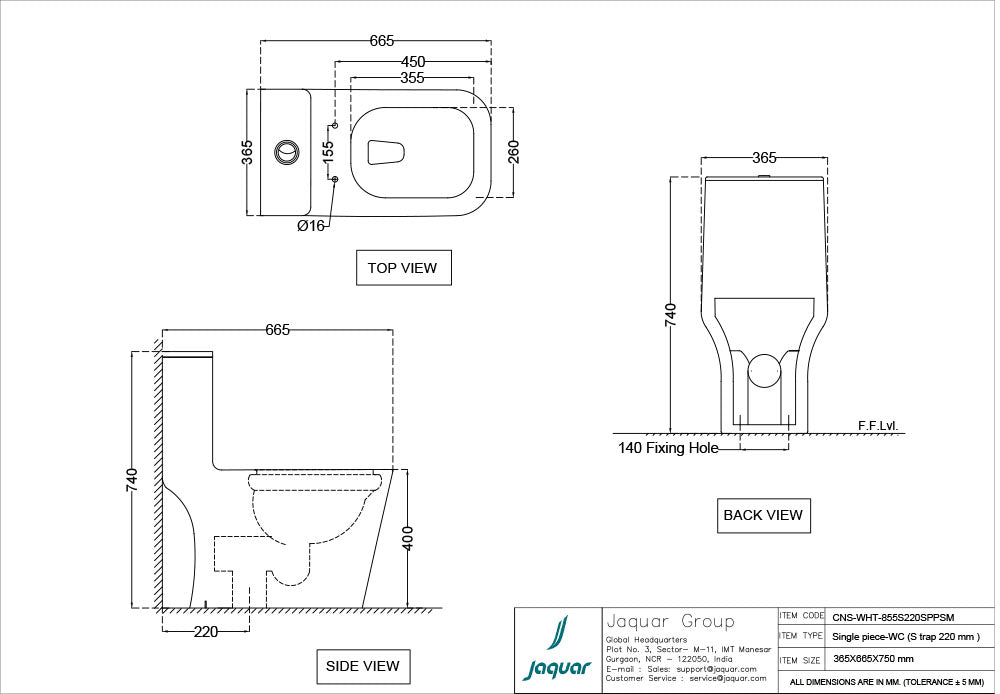 RIMLESS SINGLE PIECE EWC S-TRAP 220MM WITH PP SOFT CLOSE SLIM SEAT COVER W/FIXING ACCESSORIE - JAQUAR SWARE -  ( WHITE - CONTINENTAL - 365x665x740mm- 14.4×26.2×29.1 inch )